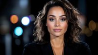 Young woman with wavy brown hair and natural makeup wearing black blazer against dark background with bokeh lights for fashion or beauty advertising.