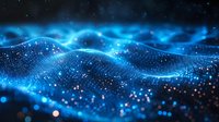 Glowing blue waves of digital particles flow across dark background creating futuristic network visualization with bokeh light effects and sparkles.