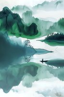 Misty green mountains and lake landscape with lone boatman in traditional boat, rendered in flowing watercolor style with ethereal reflections on calm water surface.