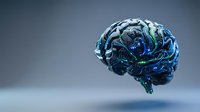 Futuristic digital brain with glowing blue and green neural networks on gray background for technology and artificial intelligence concepts.