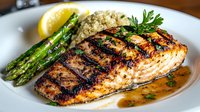Grilled salmon fillet with charred grill marks served alongside fresh asparagus spears and quinoa, garnished with parsley and lemon on white plate.