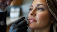 Young Hispanic woman receiving professional lip liner application by makeup artist wearing black gloves in beauty salon, side profile view with soft natural lighting.