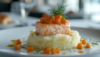 Gourmet salmon fillet with orange caviar and mashed potatoes garnished with fresh dill on white plate in restaurant kitchen setting for fine dining menu.