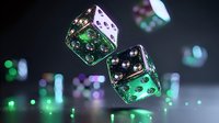 Glowing translucent dice with green illumination floating against dark background, creating magical gaming atmosphere with bokeh light effects and reflections.