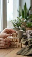 Hand arranging wooden blocks with wellness symbols including brain, meditation figures and heart on cozy home table with plants and soft blanket.