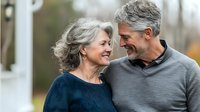 Mature couple sharing intimate moment outdoors, expressing genuine joy and connection. Gray-haired woman in blue sweater and man in gray pullover laughing together in natural setting.