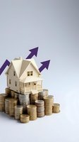 Miniature house model on stacks of coins with upward arrows showing real estate investment growth and property value appreciation concept.