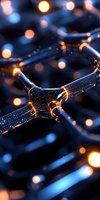 Futuristic network connection with glowing nodes and digital grid structure against dark background with bokeh light effects.