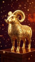 Ornate golden ram statue with intricate scrollwork details displayed on wooden pedestal against warm bokeh background with floating particles, suitable for luxury, wealth, and prosperity concepts.