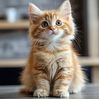 Adorable ginger kitten with wide eyes and fluffy fur sitting attentively on wooden surface. Close-up portrait showing sweet expression and soft orange coat.