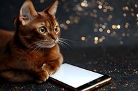Abyssinian cat lying near smartphone on dark background with golden bokeh lights and glitter. Pet using modern technology concept.