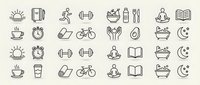 Minimalist line icons set featuring wellness lifestyle symbols including fitness equipment, healthy food, meditation, books and daily routine elements on beige background.