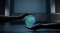 Hands protecting glowing green digital circuit sphere in futuristic environment symbolizing technology security and data protection concepts.
