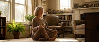 Young blonde woman sitting cross-legged on wooden floor in cozy living room with natural sunlight streaming through windows and bookshelves.