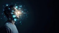 Young businessman with digital technology icons and data visualization emerging from his head on dark background representing innovation and future.