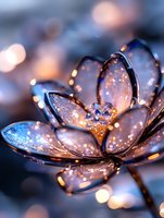 Delicate glass lotus flower with sparkling frost and golden bokeh lights creating magical winter atmosphere. Macro photography captures crystalline petals in blue tones.