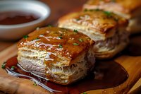 Flaky puff pastry squares drizzled with golden caramel sauce and garnished with fresh herbs on wooden serving board, close-up view of layered dessert.