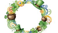 St. Patrick's Day wreath with shamrocks, leprechaun hats, pot of gold and rainbow swirls on white background for holiday decorations and greeting cards.