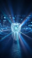 Glowing holographic molar tooth with blue light rays and digital data waves, futuristic dental technology concept for healthcare and dentistry.