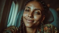 Young African American woman with braided hair smiling warmly while sitting by airplane window during flight, expressing joy and wanderlust for travel adventures.