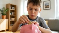 Young boy with light skin tone and dark hair, wearing a gray striped shirt, inserting a coin into a pink piggy bank in a bright living room setting. Concept for savings, financial education, and money management for children.