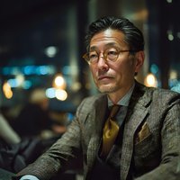 Mature Asian businessman in glasses and suit sitting thoughtfully at night with city lights bokeh background for corporate and professional concepts.