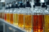 Row of glass bottles with spray pumps containing various colored liquid solutions in amber, yellow, and red tones arranged on laboratory shelf for cosmetic, pharmaceutical, or chemical manufacturing production.