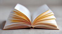 Open hardcover book with fanned white pages against blurred neutral background, creating depth and symmetry for educational and literary concepts.