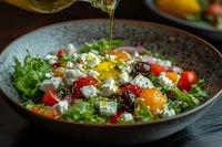 Fresh Mediterranean salad with feta cheese, cherry tomatoes, olives and greens drizzled with golden olive oil in rustic bowl for healthy dining.