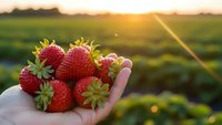 Fresh ripe strawberries in open palm at sunset over green farm field. Organic berry harvest concept for healthy eating and agriculture marketing.
