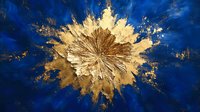 Radiant gold metallic burst on deep blue background, abstract explosion pattern with textured center and scattered particles creates dramatic cosmic effect.