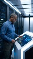 African American IT specialist operating touchscreen control panel in modern server room with blue lighting and network infrastructure for technology solutions.
