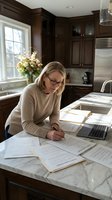 Middle-aged Caucasian woman working from home office reviewing financial documents and paperwork at kitchen island with laptop computer.
