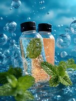 Refreshing fruit-infused water bottles with mint leaves surrounded by water bubbles on blue background, perfect for healthy lifestyle advertising.