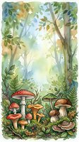 Enchanted forest floor with watercolor trees, varied mushrooms including red toadstools and golden chanterelles, ferns, and woodland plants in soft greens and yellows. Isolated artwork suitable for children's books, nature illustrations, and design projects.
