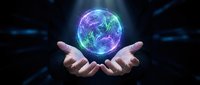 Young male professional holding glowing digital globe with purple and green energy waves, representing global technology, innovation, and digital transformation for business solutions.