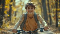 Young boy with curly hair riding bicycle in autumn forest, wearing orange t-shirt and backpack, enjoying outdoor activity on sunny fall day with golden foliage.