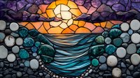 Stained glass mosaic seascape with waves and setting sun behind clouds, featuring turquoise and orange colors against dark background, artistic ocean scene.