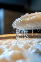 Water droplets cascading from dough edge during baking preparation, creating dynamic splash effect with soft focus background, captured in macro photography.