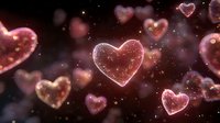 Glowing pink hearts floating in dark space with sparkling particles and bokeh effects for romantic Valentine's Day designs and love-themed projects.