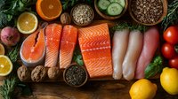 Fresh raw fish fillet, salmon steaks and white fish with citrus, vegetables, herbs and seeds on rustic wooden background, healthy omega-3 food concept.