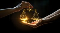 Glowing golden scales of justice with magical sparkles floating between hands against dark background, symbolizing law, fairness and balance in legal system.