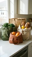 Eco-friendly reusable shopping bags filled with fresh organic produce on kitchen counter promoting sustainable zero waste lifestyle and healthy eating.