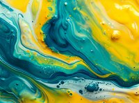 Abstract fluid art with swirling turquoise and yellow paint creating dynamic marble effect, suitable for modern interior design.