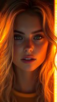 Young Caucasian woman with green eyes and blonde hair illuminated by warm orange sunset light, dramatic close-up portrait showing natural makeup and parted lips.