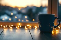 Cozy coffee mug on wooden table with warm bokeh lights at sunset creating peaceful evening atmosphere for relaxation and comfort lifestyle moments.