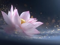 Pink lotus flower blooming in dark water with magical golden sparkles and bokeh effects creating mystical atmosphere for wellness and meditation designs.