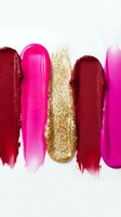Colorful lipstick and nail polish swatches in burgundy, hot pink and gold glitter on white background for beauty and cosmetics advertising.