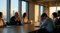 Diverse business team in modern conference room during golden hour meeting with city skyline view through floor-to-ceiling windows.