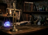 Brass scales of justice with glowing blue orb on wooden desk, law books and vintage items on shelves behind, representing legal profession, justice system, and attorney office environment.